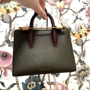 Strathberry Nano Leather Tote in Forest Green/Sand/Burgundy